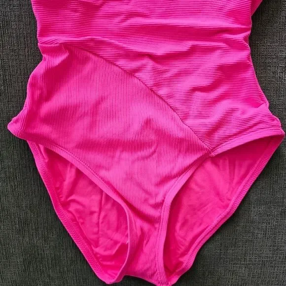 🆕️2023 BECCA BY REBECCA VIRTUE Pink Ribbed Asymmetrical One Piece Swimsuit M - Picture 13 of 14